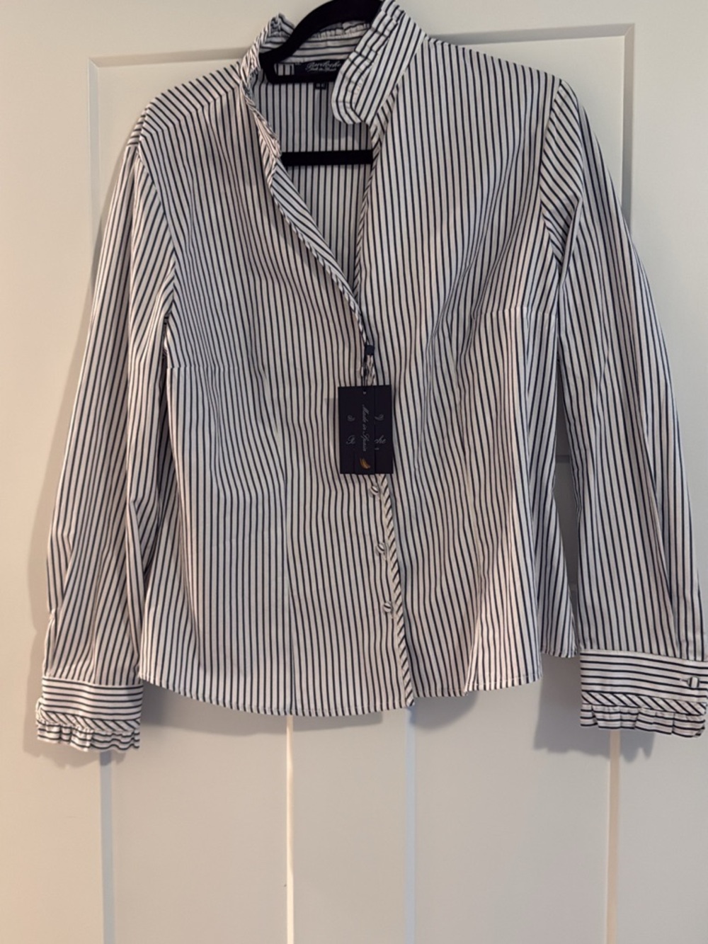 Striped Button-Front Shirt in White & Navy